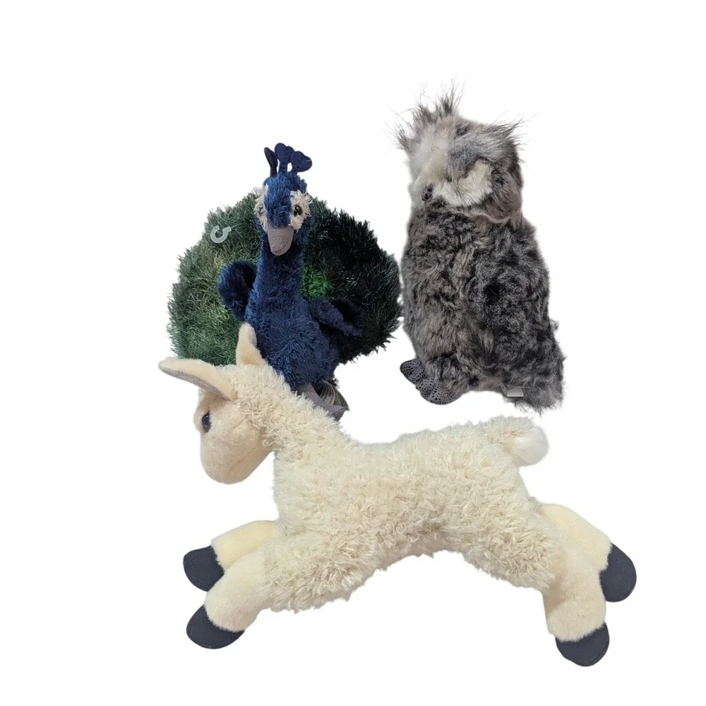 Aurora Plush‎ Lot Peacock Owl Lamb Stuffed Animal Bird Farm Toy Set 3pc